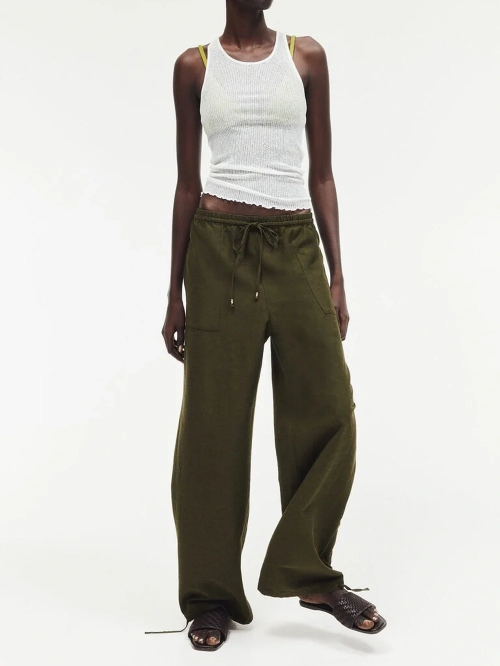 NWOT Women's S H&M Linen-Blend Pull-On Pants Dark Khaki Green